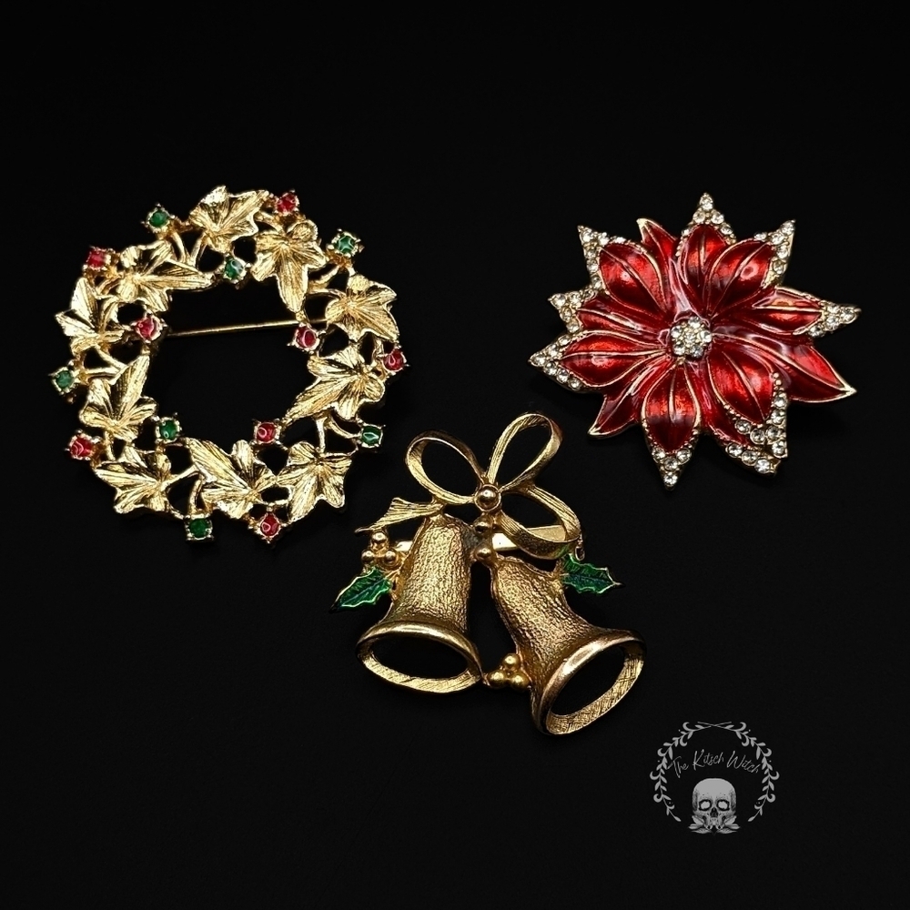 Retro Christmas Brooches, Lot of 3 - Gold toned Wreath, Poinsettia, and Bell